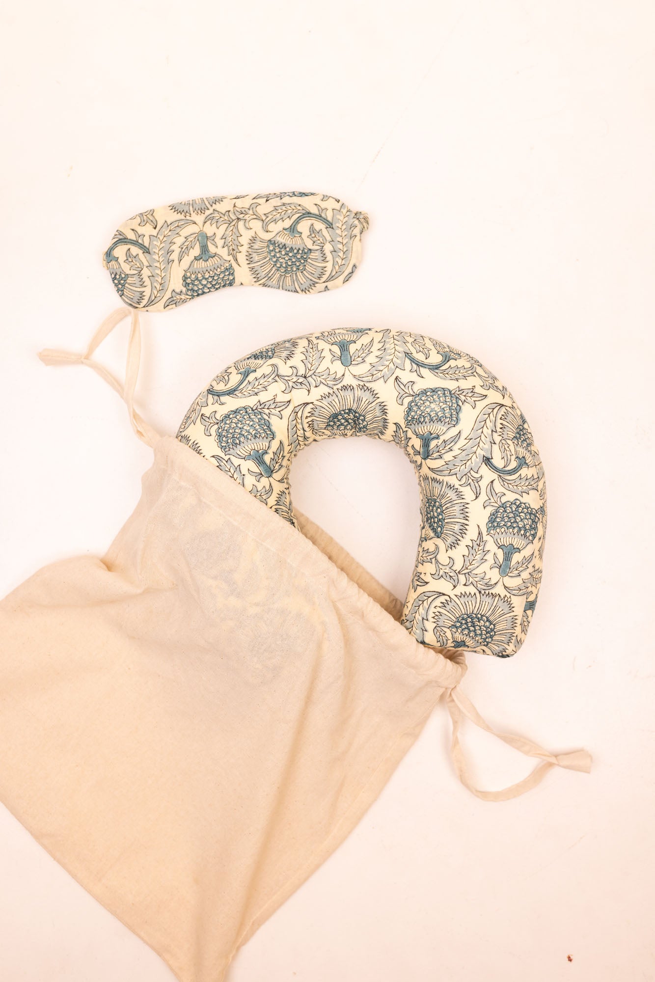 Combo Set Consists of Block Printed Eye Mask, Block Printed Neck Pillow in Drawstring Bag