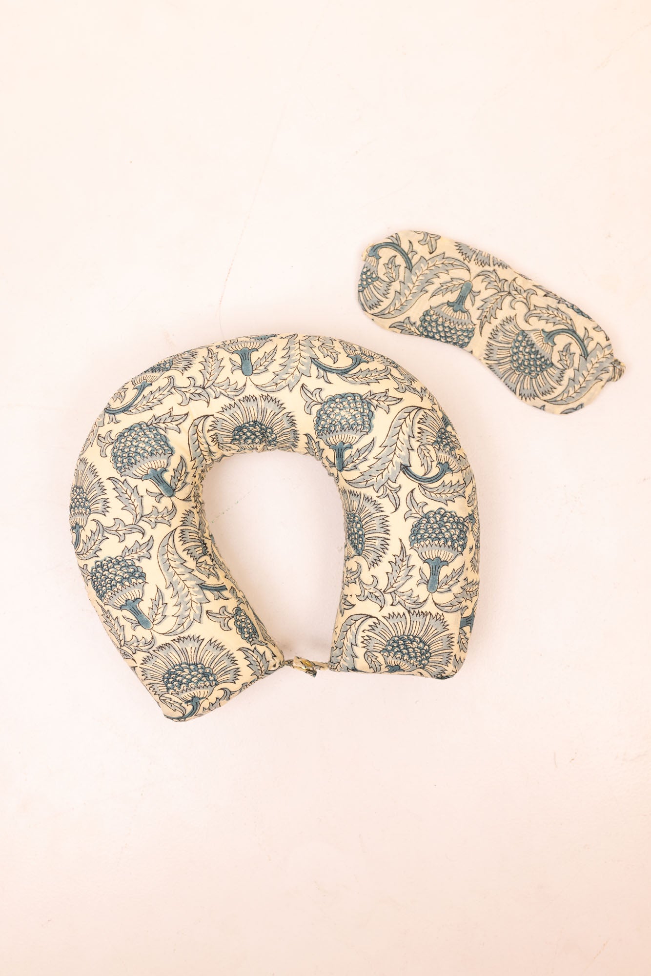 Combo Set Consists of Block Printed Eye Mask, Block Printed Neck Pillow in Drawstring Bag