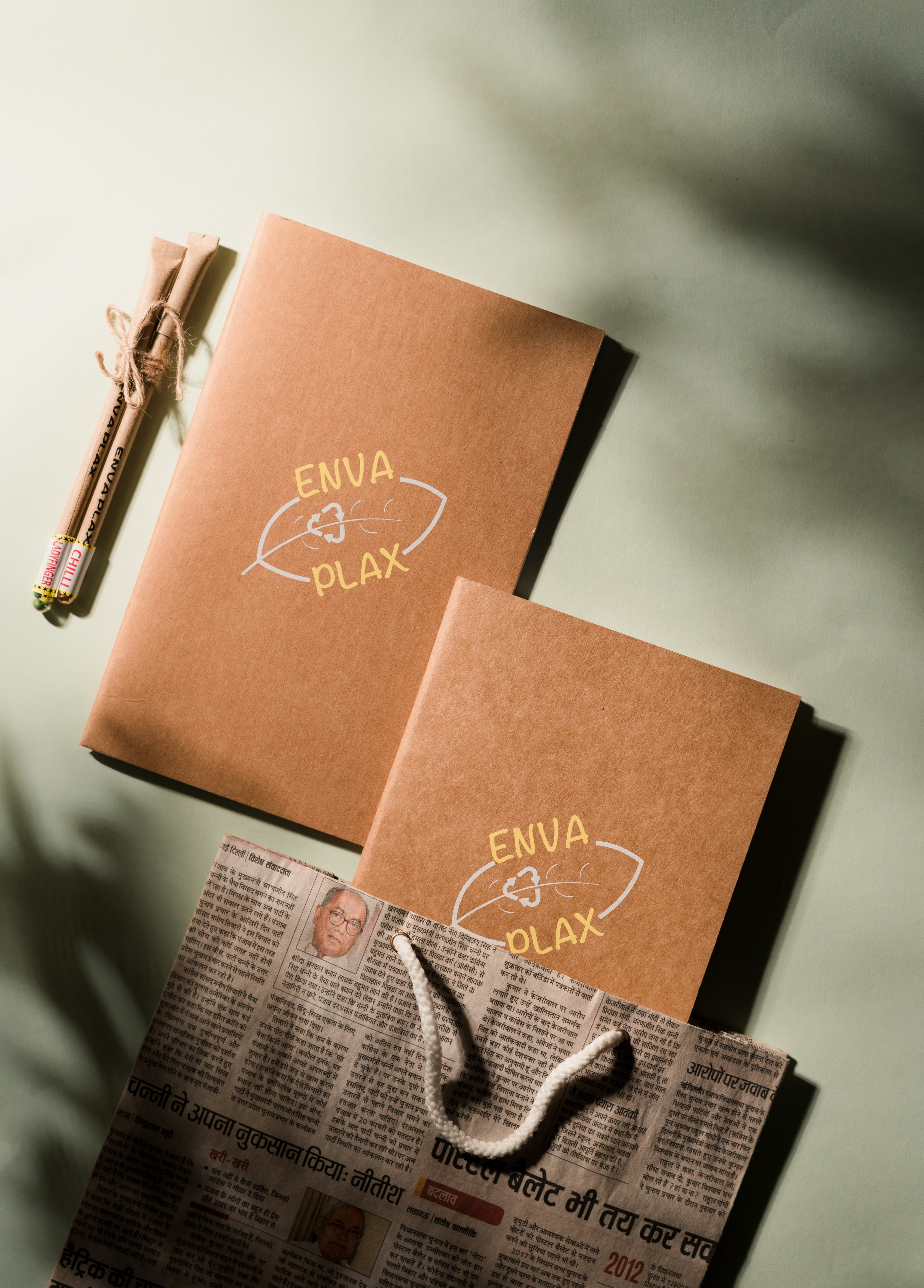 Brown cover diary made from recycled paper on a wooden desk